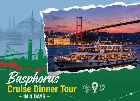 Luxury Bosphorus dinner cruise passing the Bosphorus Bridge in Istanbul at sunset